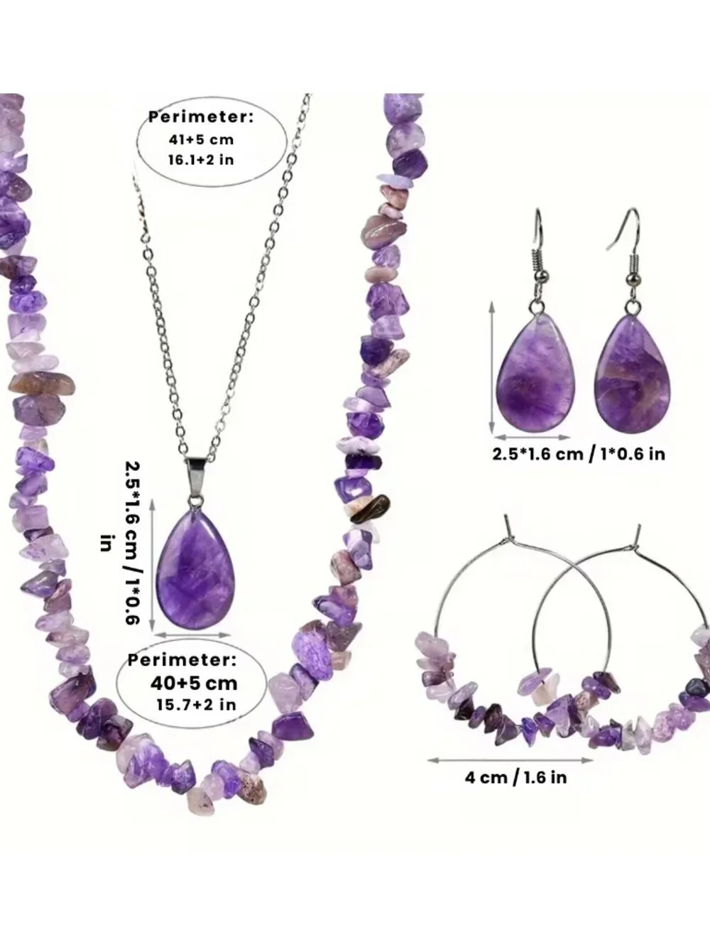 NWT White Gold Plated Amethyst Crystal Jewelry Set Boho Layered Necklace Earring